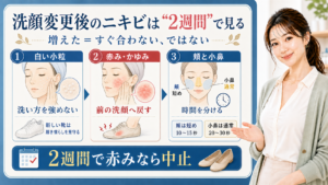 洗顔変更後のニキビは2週間で見る。白い小粒、赤み・かゆみ、頬と小鼻の洗い時間を分けて確認する図解。