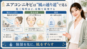 エアコンニキビは風の通り道で見る。頬のつっぱり、光る小鼻、湿度40〜60%を確認する図解。