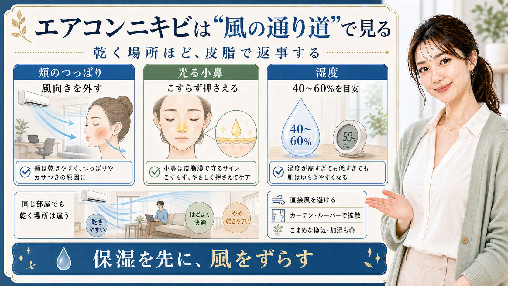 エアコンニキビは風の通り道で見る。頬のつっぱり、光る小鼻、湿度40〜60%を確認する図解。