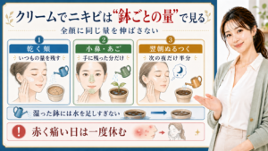クリームでニキビは鉢ごとの量で見る。乾く頬、小鼻・あご、翌朝ぬるつく日の量を確認する図解。