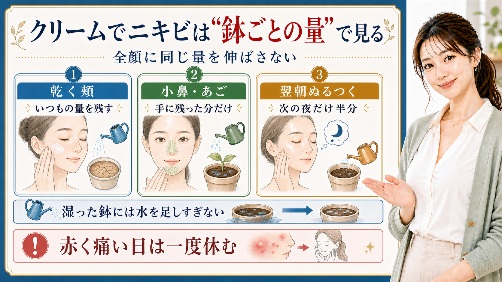 クリームでニキビは鉢ごとの量で見る。乾く頬、小鼻・あご、翌朝ぬるつく日の量を確認する図解。