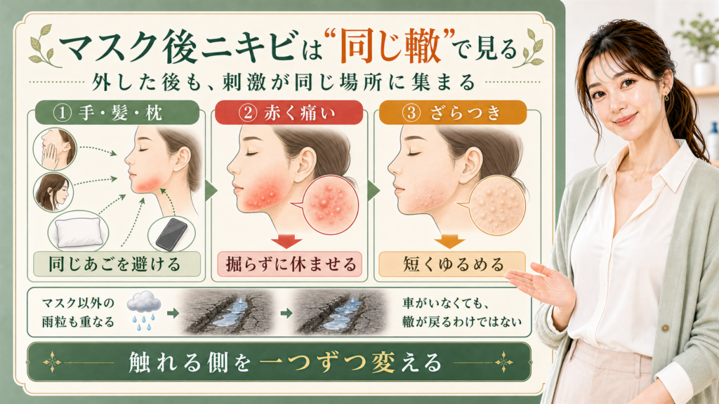 マスク後ニキビは同じ轍で見る。手・髪・枕、赤く痛い場所、ざらつきを分けて確認する図解。