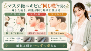 マスク後ニキビは同じ轍で見る。手・髪・枕、赤く痛い場所、ざらつきを分けて確認する図解。