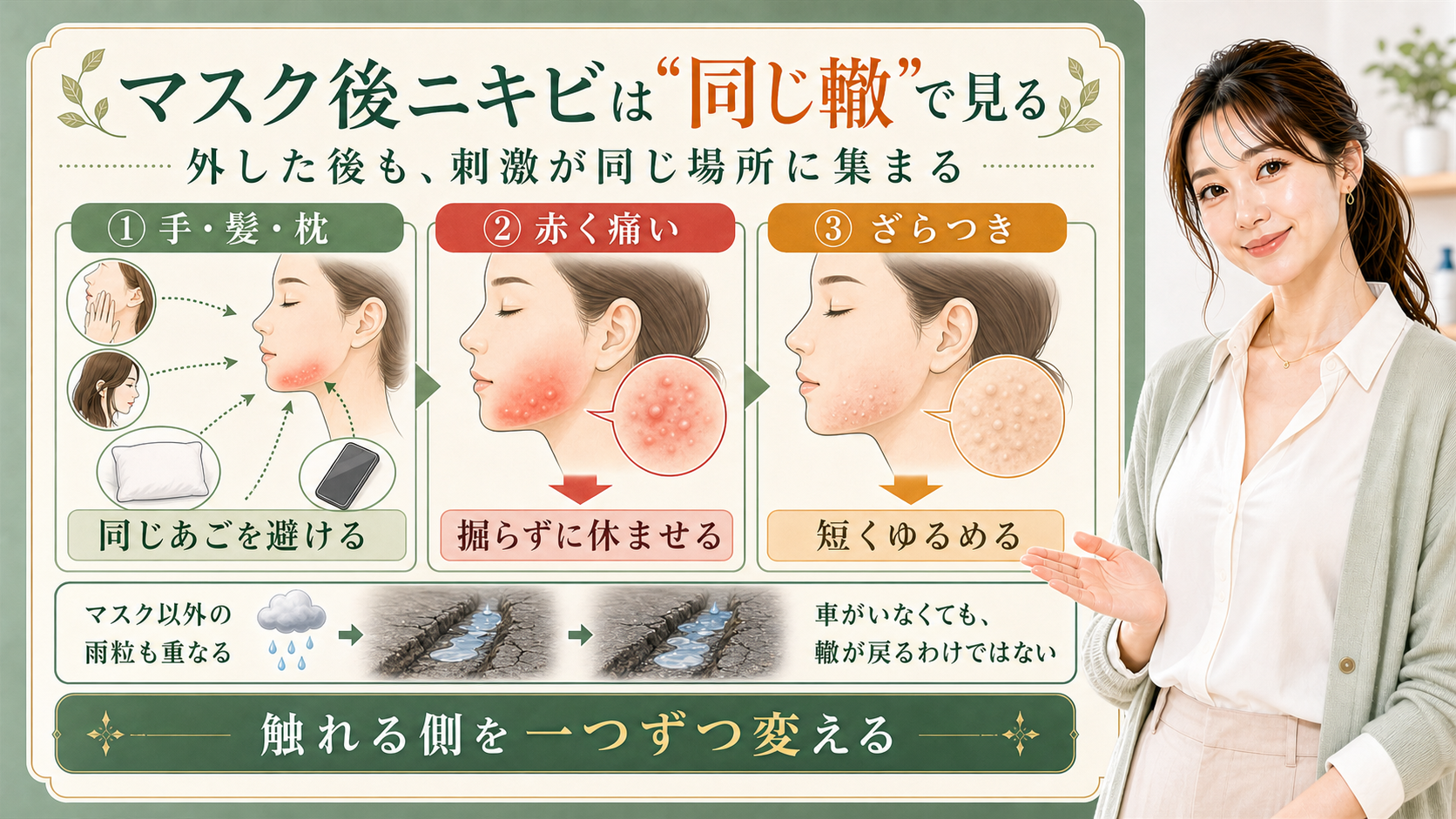 マスク後ニキビは同じ轍で見る。手・髪・枕、赤く痛い場所、ざらつきを分けて確認する図解。