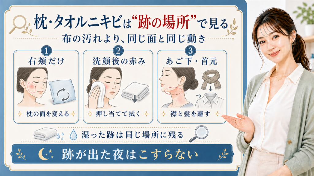 枕・タオルニキビは跡の場所で見る。右頬だけ、洗顔後の赤み、あご下・首元を分けて確認する図解。