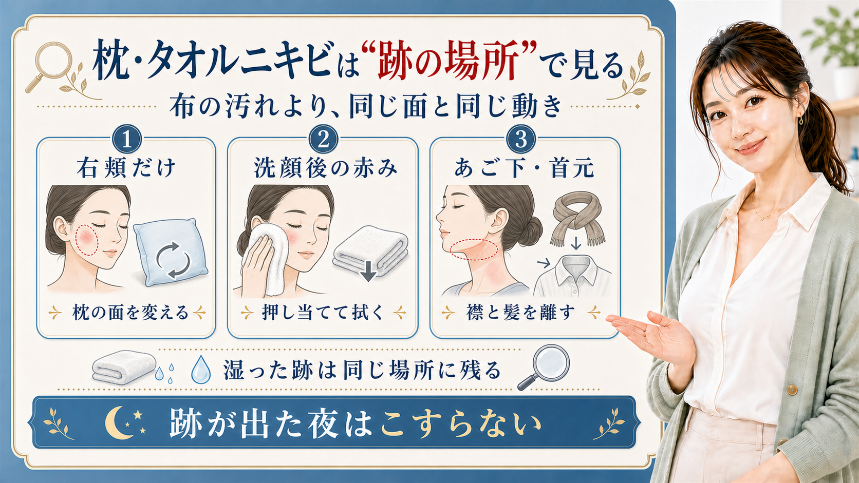 枕・タオルニキビは跡の場所で見る。右頬だけ、洗顔後の赤み、あご下・首元を分けて確認する図解。