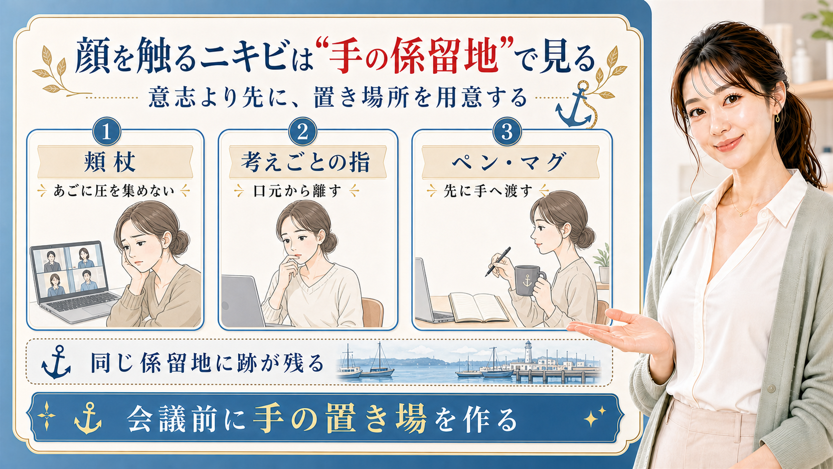 顔を触るニキビは手の係留地で見る。頬杖、考えごとの指、ペン・マグの置き場を確認する図解。