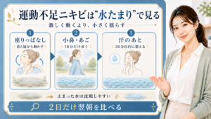 運動不足ニキビは水たまりで見る。座りっぱなし、小鼻・あご、汗のあとを分けて確認する図解。