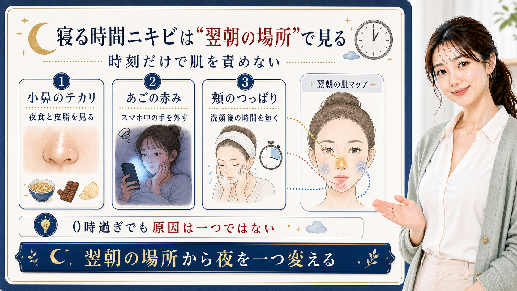 寝る時間ニキビは翌朝の場所で見る。小鼻のテカリ、あごの赤み、頬のつっぱりを分けて確認する図解。