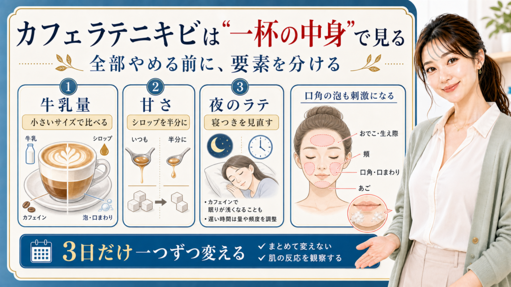 カフェラテニキビは一杯の中身で見る。牛乳量、甘さ、夜のラテ、口角の泡を分けて確認する図解。