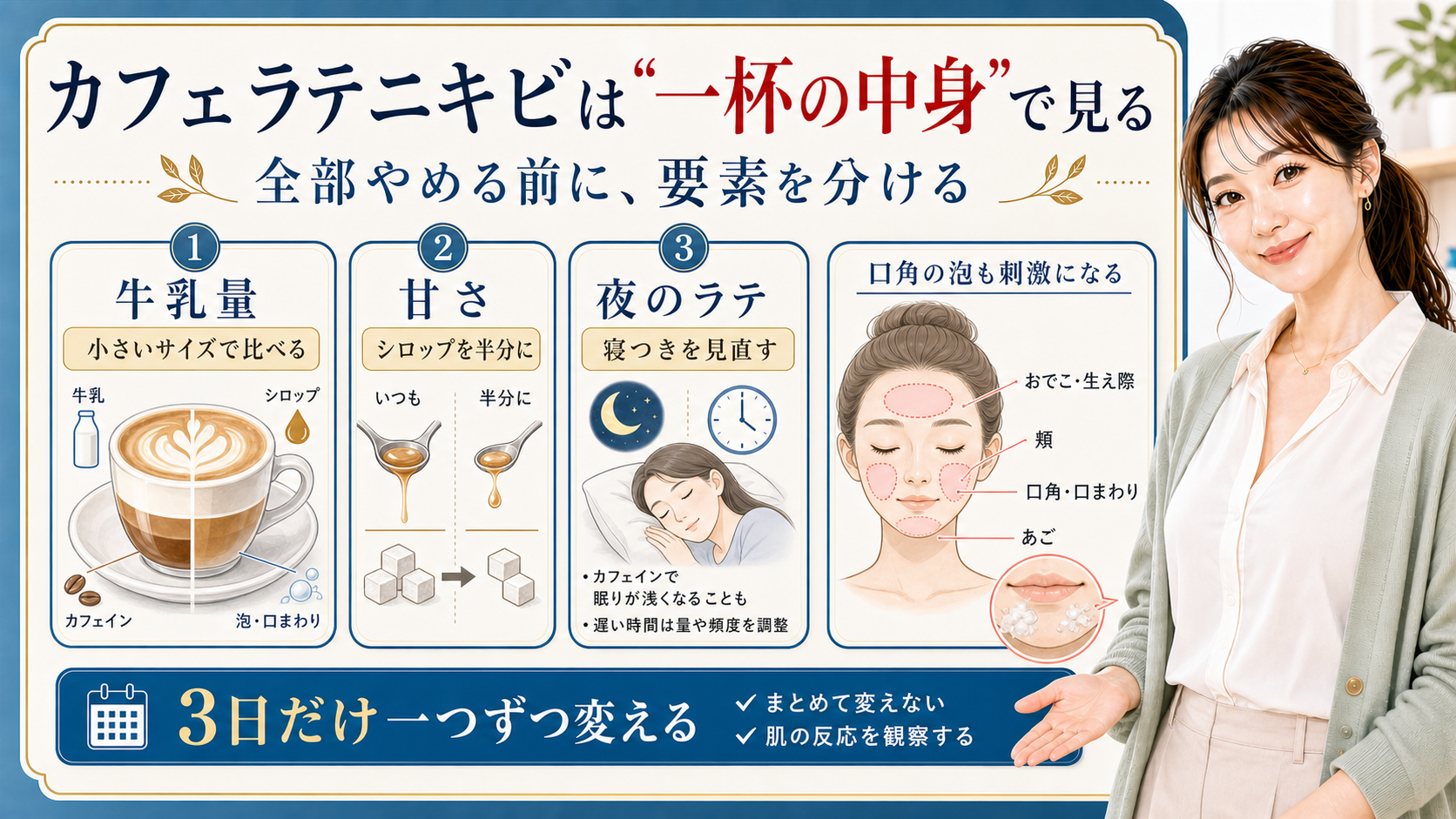 カフェラテニキビは一杯の中身で見る。牛乳量、甘さ、夜のラテ、口角の泡を分けて確認する図解。