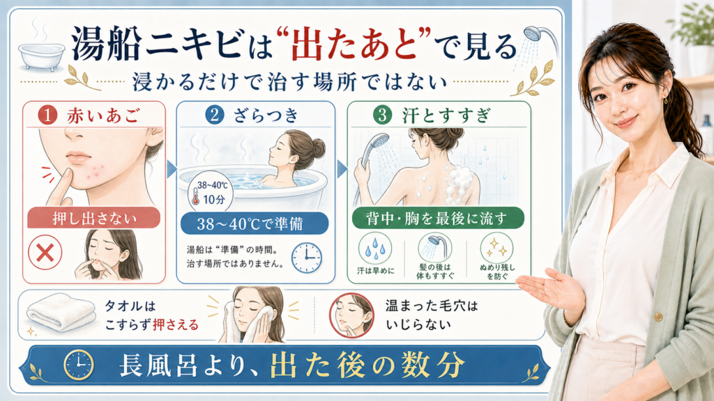 湯船ニキビは出たあとで見る。赤いあご、ざらつき、汗とすすぎ、タオルの押さえ方を確認する図解。