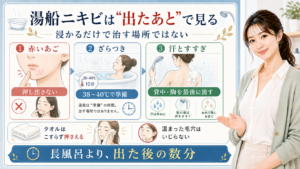 湯船ニキビは出たあとで見る。赤いあご、ざらつき、汗とすすぎ、タオルの押さえ方を確認する図解。