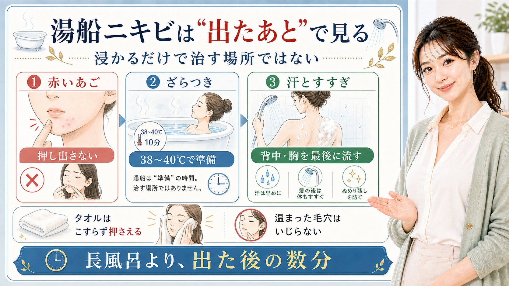 湯船ニキビは出たあとで見る。赤いあご、ざらつき、汗とすすぎ、タオルの押さえ方を確認する図解。