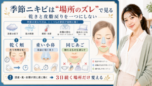 季節ニキビは場所のズレで見る。乾く頬、重い小鼻、同じあごを分けて確認する図解。