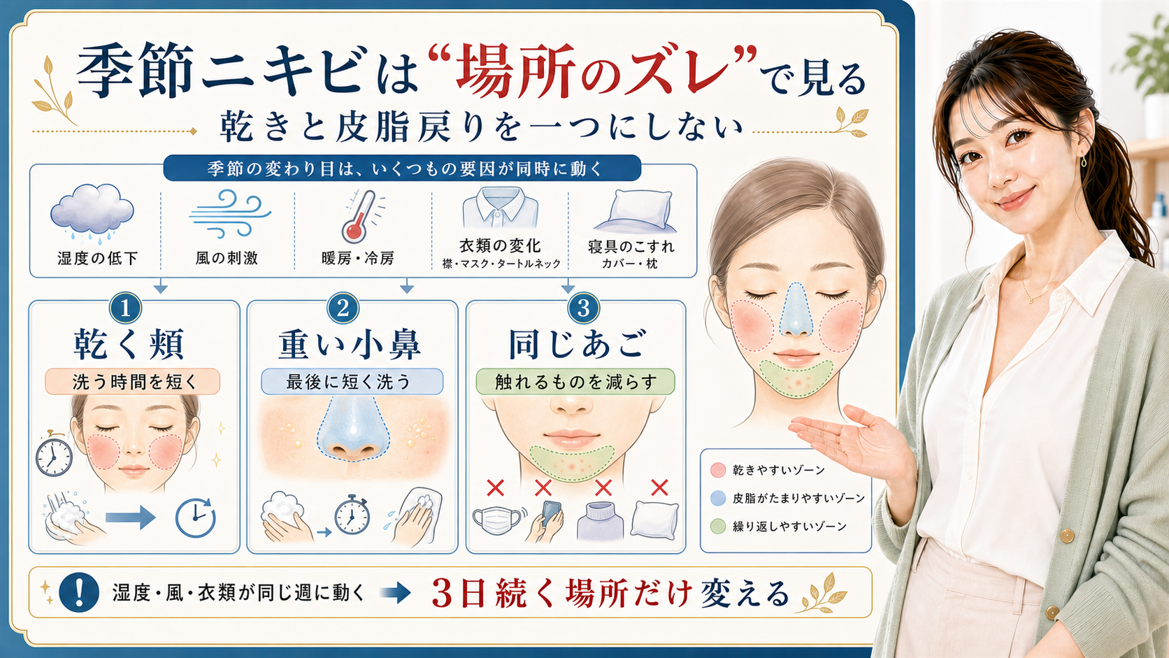 季節ニキビは場所のズレで見る。乾く頬、重い小鼻、同じあごを分けて確認する図解。