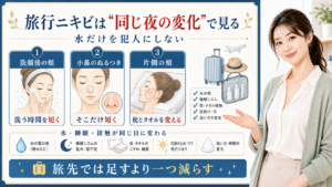 旅行ニキビは同じ夜の変化で見る。洗顔後の頬、小鼻のぬるつき、片側の頬を分けて確認する図解。