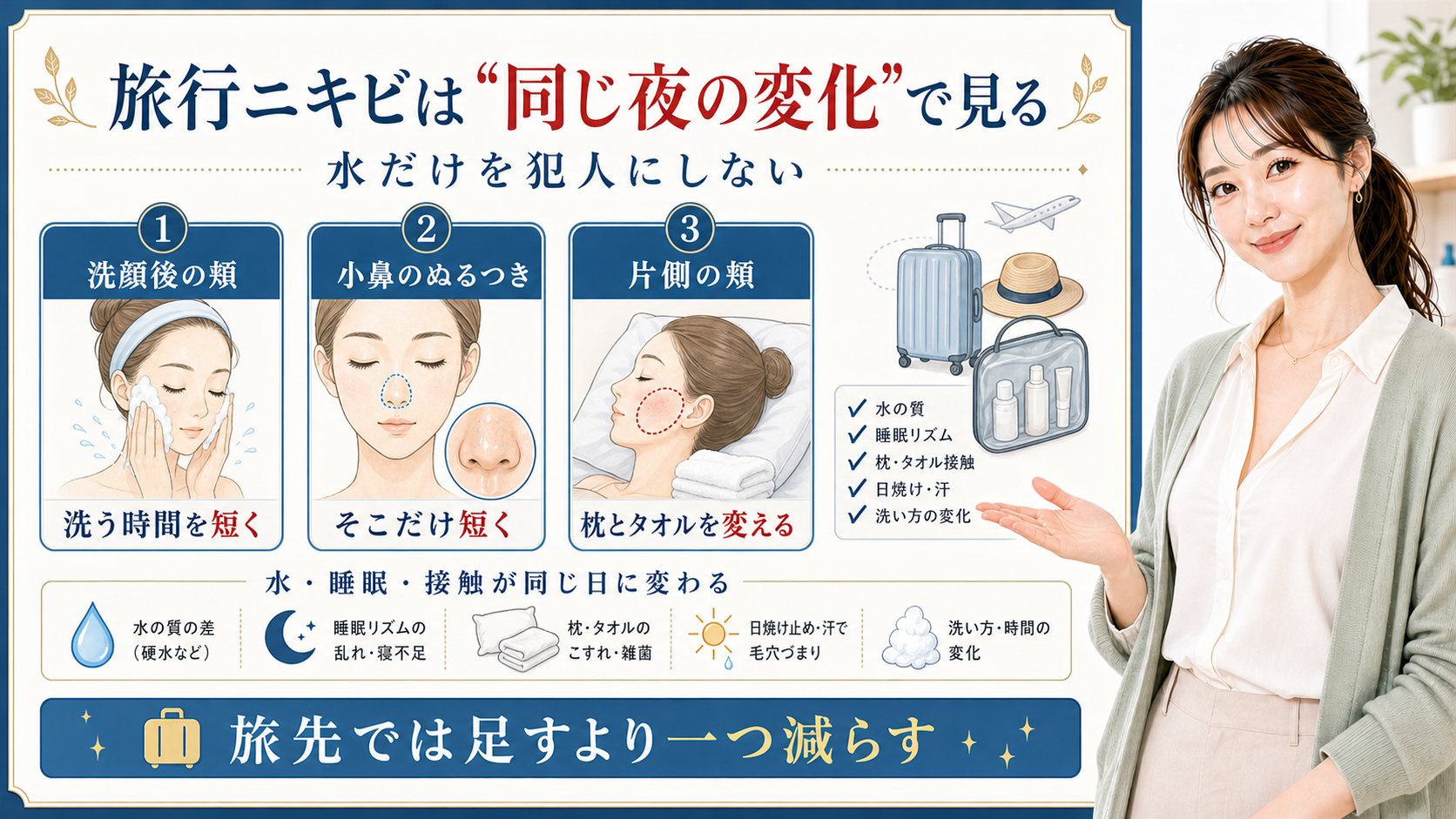 旅行ニキビは同じ夜の変化で見る。洗顔後の頬、小鼻のぬるつき、片側の頬を分けて確認する図解。