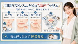 口周りストレスニキビは場所で見る。あご先、口角の赤み、鼻下・唇下を分けて確認する図解。