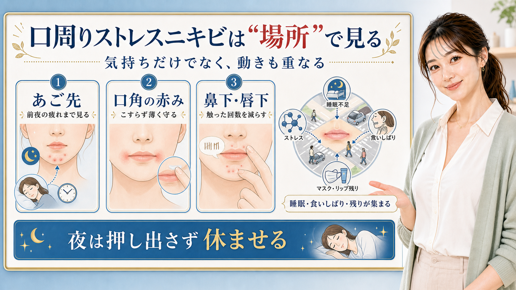 口周りストレスニキビは場所で見る。あご先、口角の赤み、鼻下・唇下を分けて確認する図解。