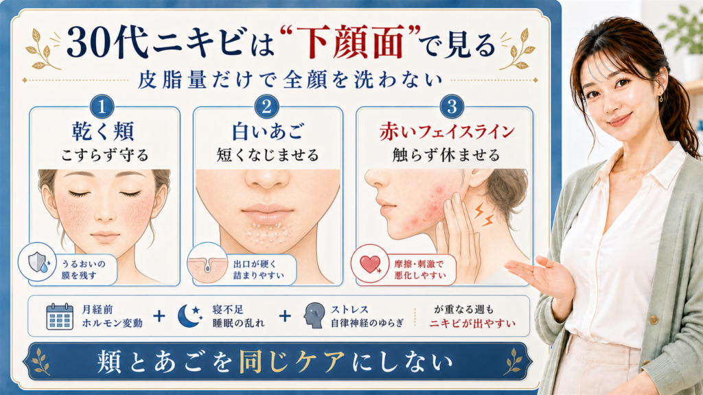 30代ニキビは下顔面で見る。乾く頬、白いあご、赤いフェイスラインを分けて確認する図解。