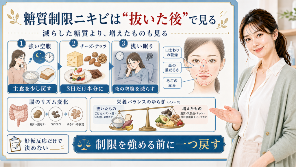 糖質制限ニキビは抜いた後で見る。強い空腹、チーズ・ナッツ、浅い眠りを分けて確認する図解。