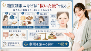 糖質制限ニキビは抜いた後で見る。強い空腹、チーズ・ナッツ、浅い眠りを分けて確認する図解。