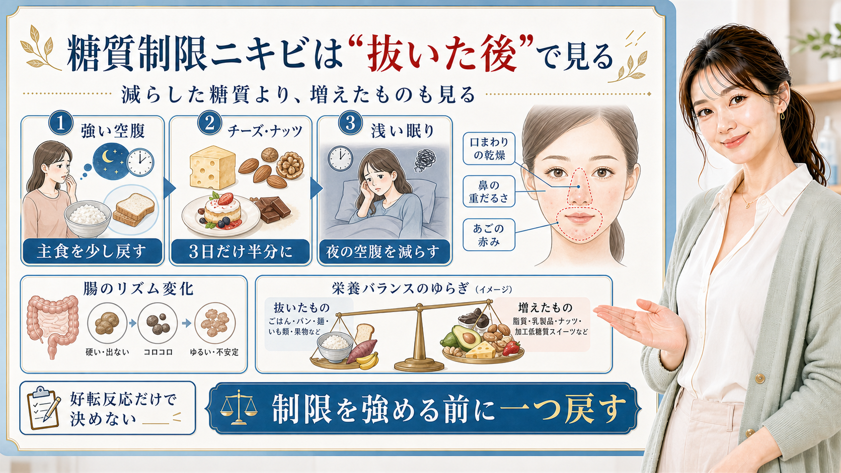 糖質制限ニキビは抜いた後で見る。強い空腹、チーズ・ナッツ、浅い眠りを分けて確認する図解。