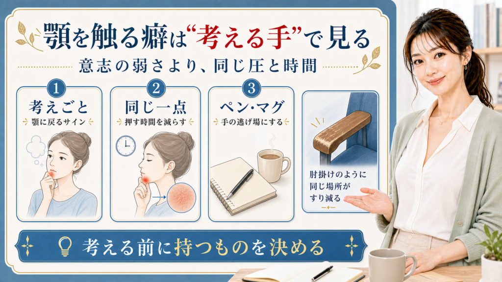 顎を触る癖は考える手で見る。考えごと、同じ一点、ペン・マグの逃げ場を確認する図解。