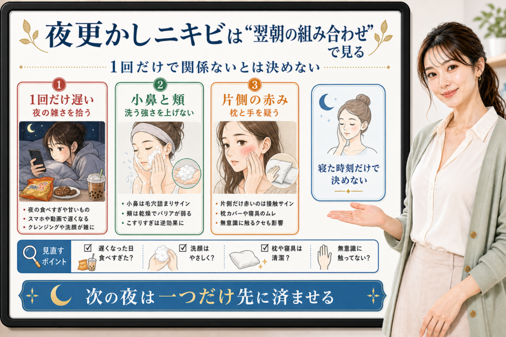 夜更かしニキビは翌朝の組み合わせで見る。1回だけ遅い、小鼻と頬、片側の赤みを分けて確認する図解。