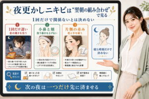 夜更かしニキビは翌朝の組み合わせで見る。1回だけ遅い、小鼻と頬、片側の赤みを分けて確認する図解。