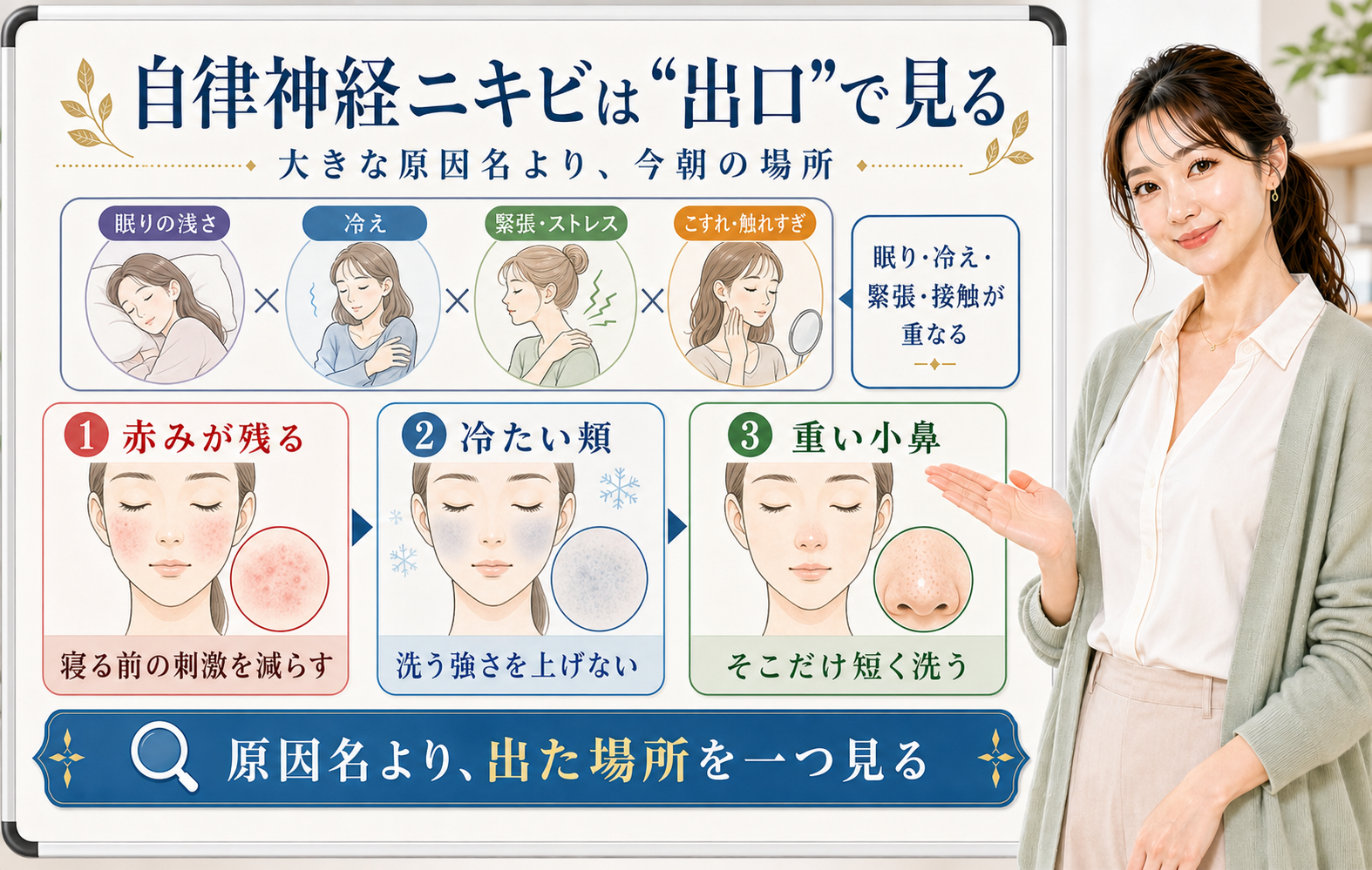 自律神経ニキビは出口で見る。赤みが残る、冷たい頬、重い小鼻を分けて確認する図解。