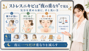 ストレスニキビは夜の重なりで見る。眠りが浅い、同じあご、重い小鼻を分けて確認する図解。