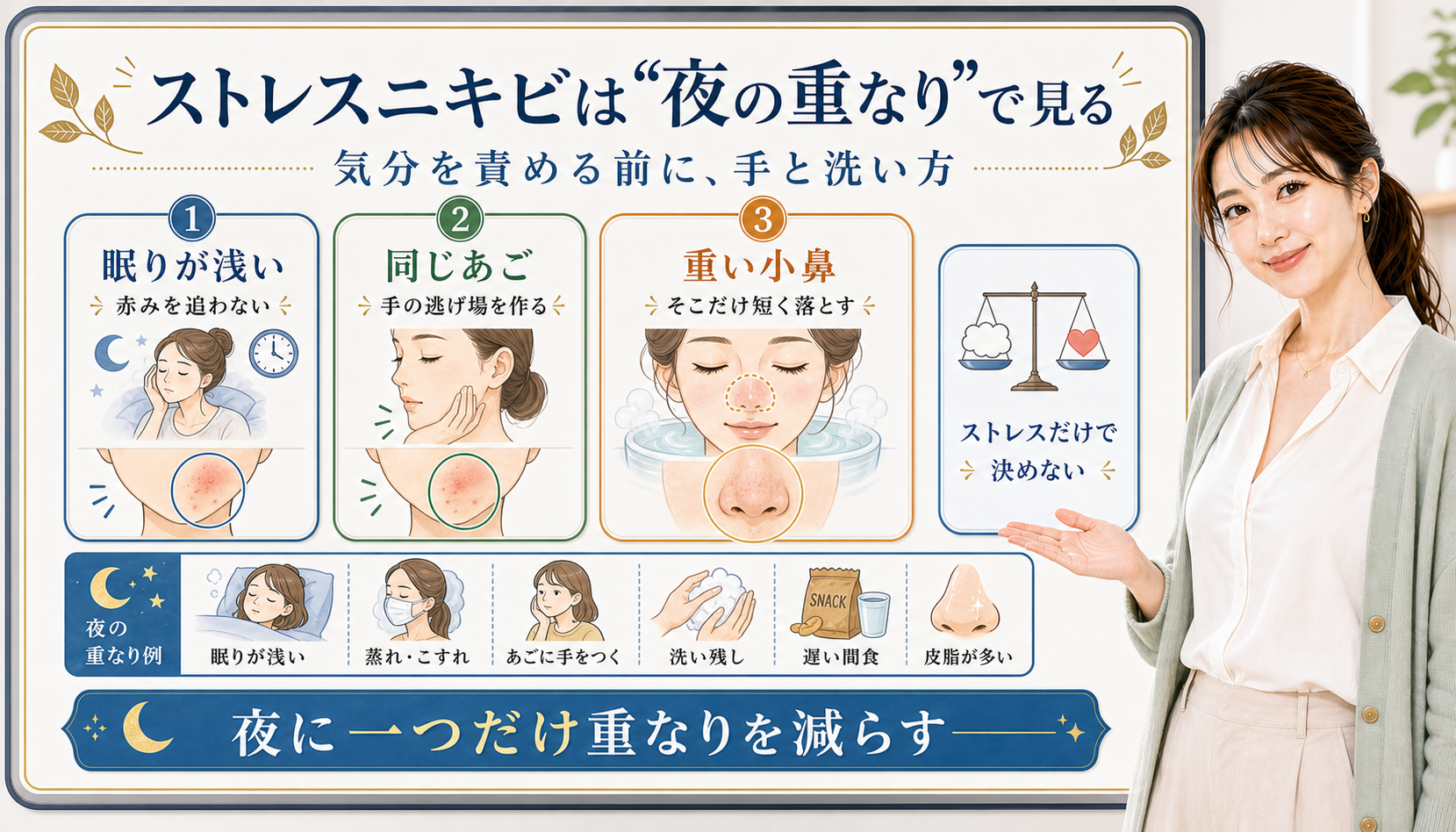 ストレスニキビは夜の重なりで見る。眠りが浅い、同じあご、重い小鼻を分けて確認する図解。