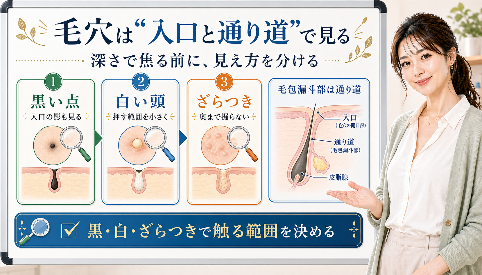 毛穴は入口と通り道で見る。黒い点、白い頭、ざらつきを分けて確認する図解。