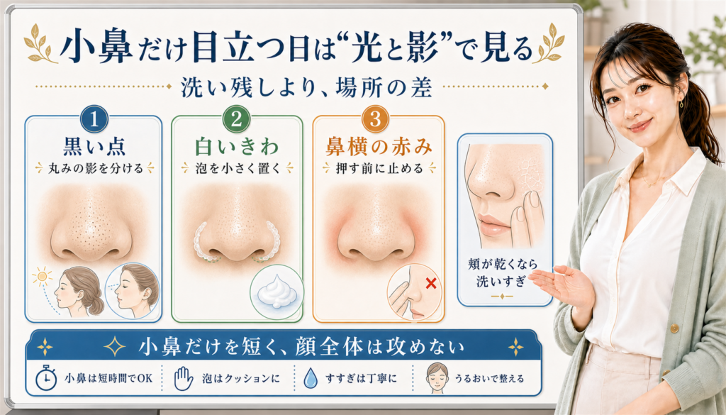 小鼻だけ目立つ日は光と影で見る。黒い点、白いきわ、鼻横の赤みを分けて確認する図解。