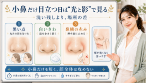 小鼻だけ目立つ日は光と影で見る。黒い点、白いきわ、鼻横の赤みを分けて確認する図解。