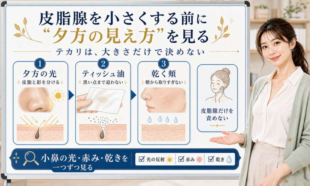 皮脂腺を小さくする前に夕方の見え方を見る。夕方の光、ティッシュ油、乾く頬を分けて確認する図解。