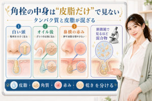 角栓の中身は皮脂だけで見ない。白い頭、オイル後、鼻横の赤みを分けて確認する図解。