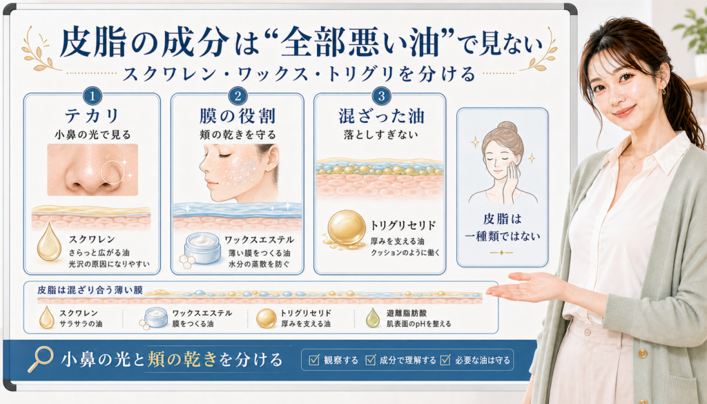 皮脂の成分は全部悪い油で見ない。テカリ、膜の役割、混ざった油を分けて確認する図解。