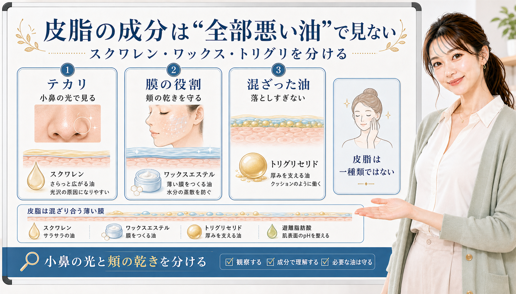 皮脂の成分は全部悪い油で見ない。テカリ、膜の役割、混ざった油を分けて確認する図解。