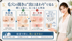 毛穴の開きは出口まわりで見る。洗顔後、夕方、赤い鼻横を分けて確認する図解。
