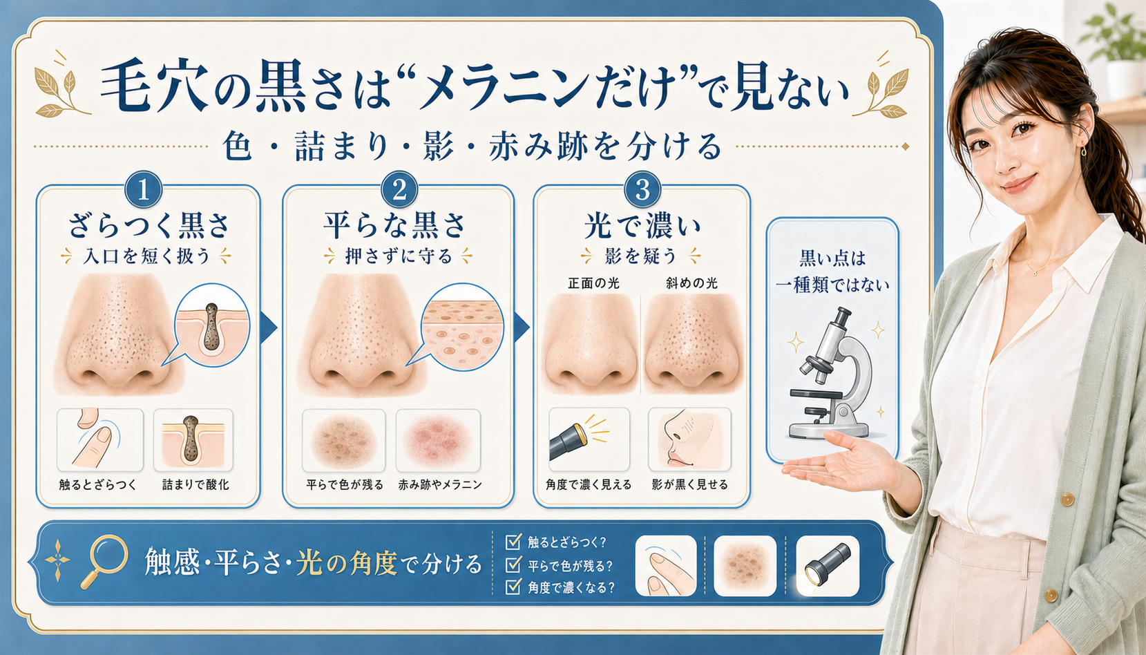 毛穴の黒さはメラニンだけで見ない。ざらつく黒さ、平らな黒さ、光で濃い黒さを分けて確認する図解。