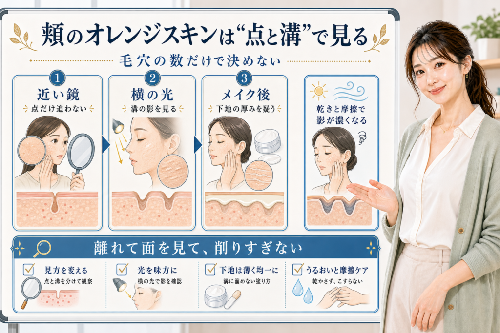 頬のオレンジスキンは点と溝で見る。近い鏡、横の光、メイク後を分けて確認する図解。
