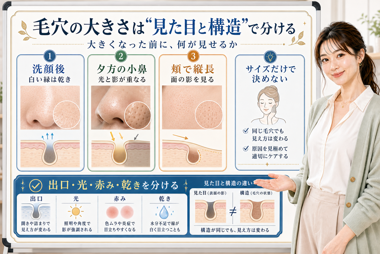 毛穴の大きさは見た目と構造で分ける。洗顔後、夕方の小鼻、頬で縦長を分けて確認する図解。