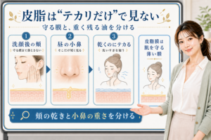皮脂はテカリだけで見ない。洗顔後の頬、昼の小鼻、乾くのにテカる状態を分けて確認する図解。