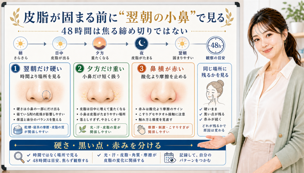 皮脂が固まる前に翌朝の小鼻で見る。翌朝だけ硬い、夕方だけ重い、鼻横が赤い状態を分けて確認する図解。