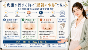 皮脂が固まる前に翌朝の小鼻で見る。翌朝だけ硬い、夕方だけ重い、鼻横が赤い状態を分けて確認する図解。