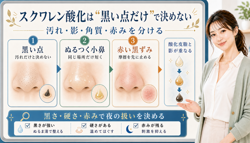スクワレン酸化は黒い点だけで決めない。黒い点、ぬるつく小鼻、赤い黒ずみを分けて確認する図解。