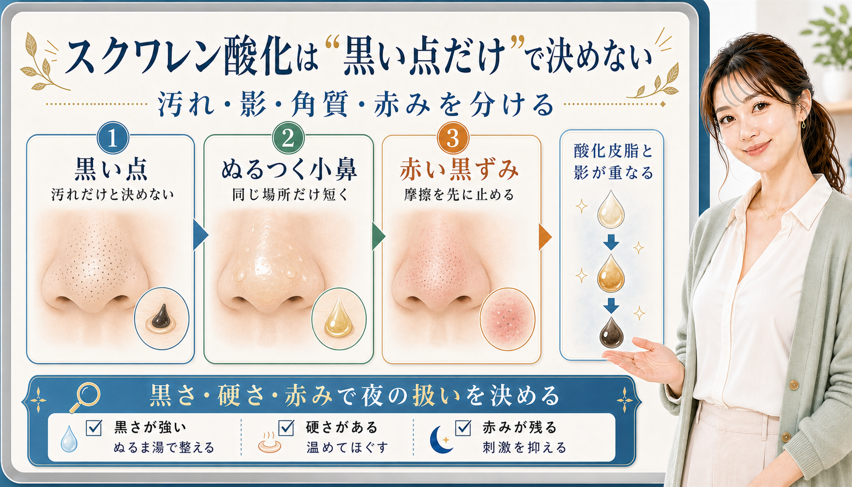 スクワレン酸化は黒い点だけで決めない。黒い点、ぬるつく小鼻、赤い黒ずみを分けて確認する図解。